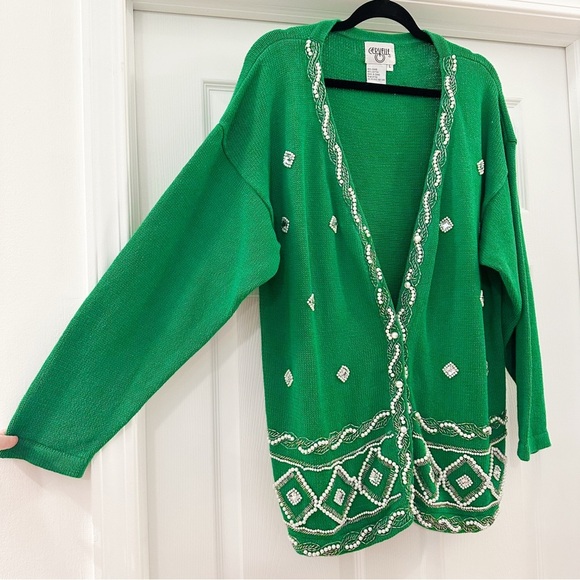 Cervelle Vintage Beaded Pearl Embellished V Neck Cardigan Sweater Kelly Green - Picture 2 of 6